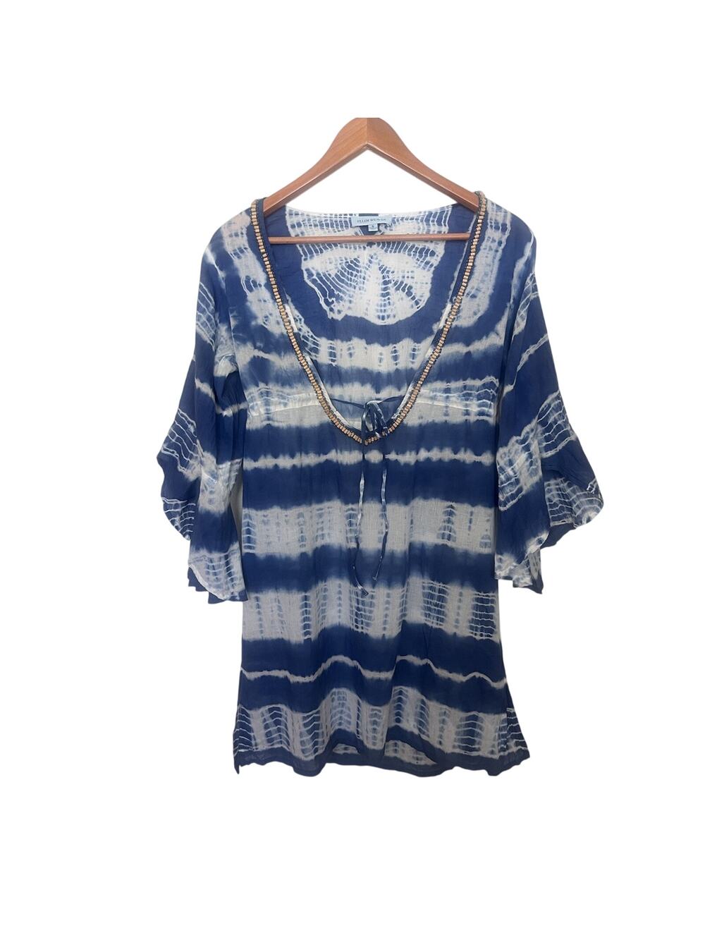 Ellen Weaver Swimsuit Coverup Blue White Beaded Tie Dye Dress Women’s Sz Small